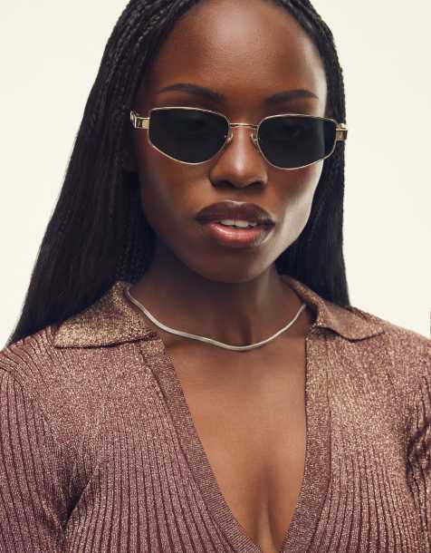 Quay hit single geometric metal sunglasses in gold with black lens - view 1