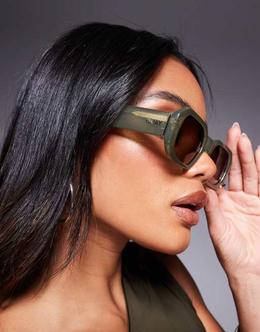 Quay hyped up rectangular sunglasses in olive green | ASOS display picture 1