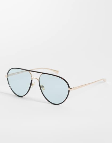 Quay say less metal aviator sunglasses in black and gold with aqua lens - view 1