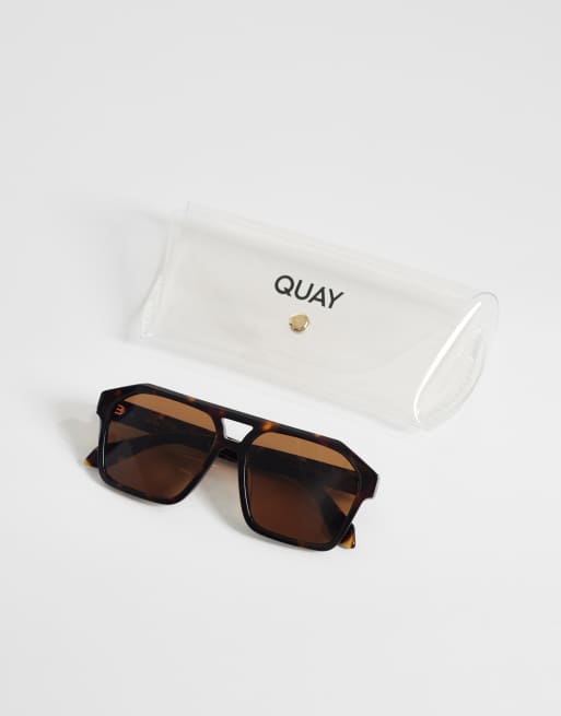 Quay – Soundcheck – Große Pilotensonnenbrille in bernsteinfarbener Schildpattoptik mit aquablauen Gläsern, 3 von 3