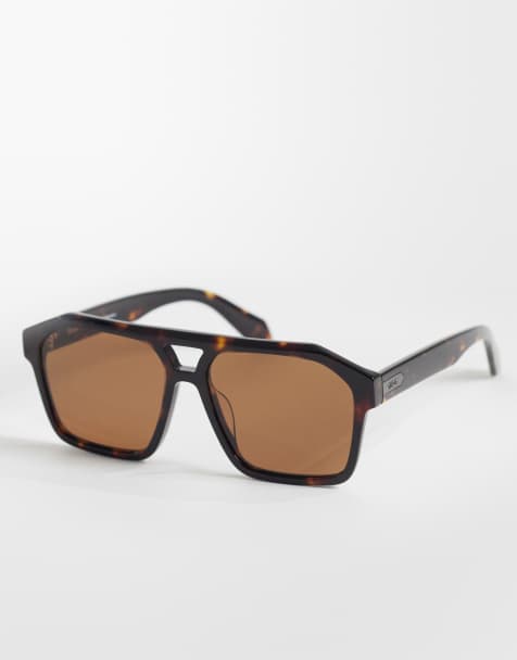 Quay soundcheck large aviator sunglasses in amber tort with aqua lens