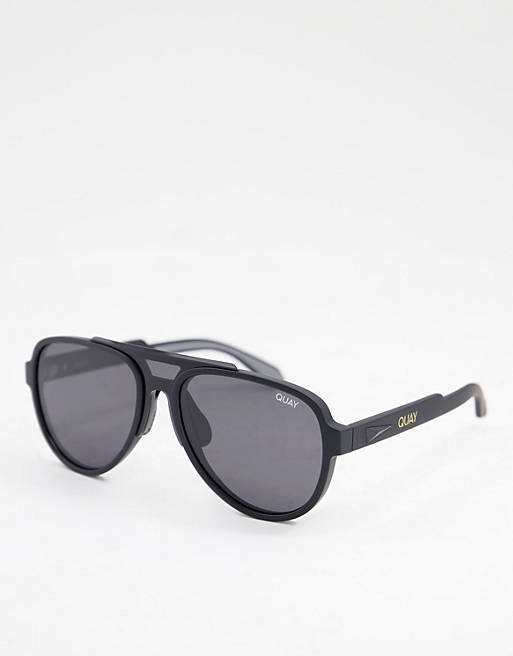 Quay Wild Card unisex oversized aviator sunglasses in matte black with smokey polarised lens