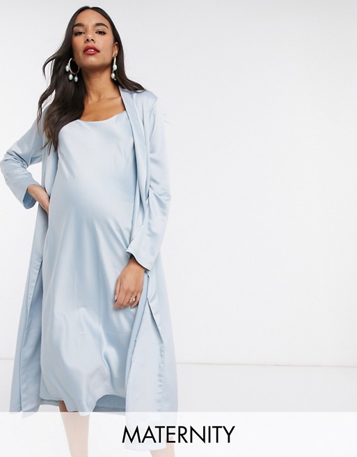 Queen Bee Maternity Baby Shower ruched cami midi dress and drape jacket set in blue