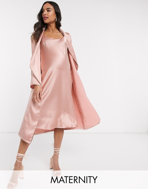 Queen Bee Maternity Baby Shower ruched cami midi dress and drape jacket set in pink