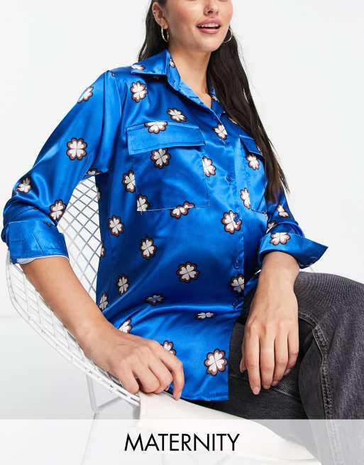 Queen Bee exclusive oversized pyjama style shirt co ord in cobalt geo print