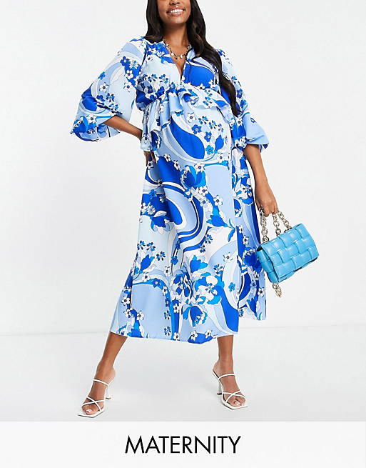 Queen Bee exclusive plunge front tiered ruffle maxi dress in multi blue swirl print