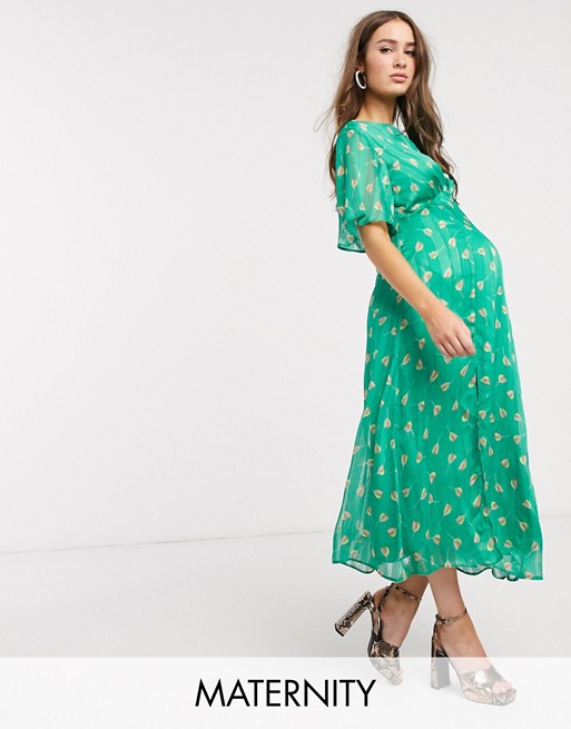 Queen Bee Maternity flutter sleeve midi dress in green tulip print