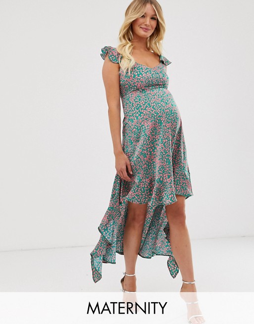 Queen Bee Maternity frilly high low maxi dress in pink splodge print
