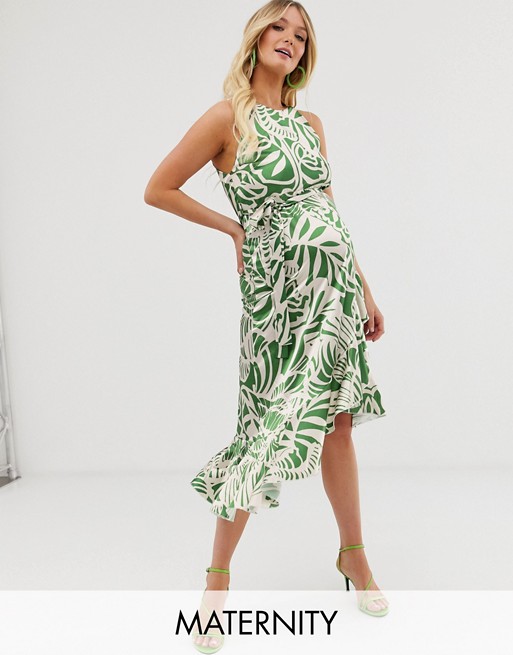 Queen Bee Maternity high neck midaxi dress in green leaf print