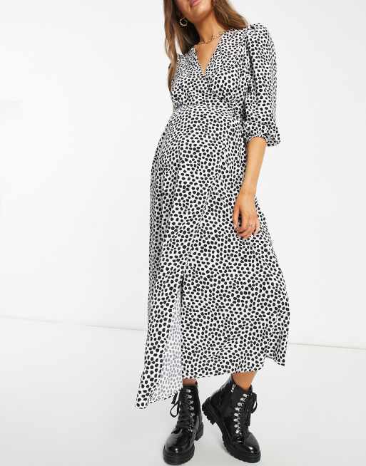Queen Bee Maternite Robe Longue A Col V Et Imprime Pois Noirs Asos