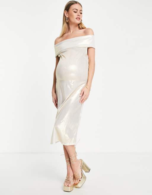 Queen Bee Maternité - Robe mi-longue style Bardot - Doré clair, 2 de 4