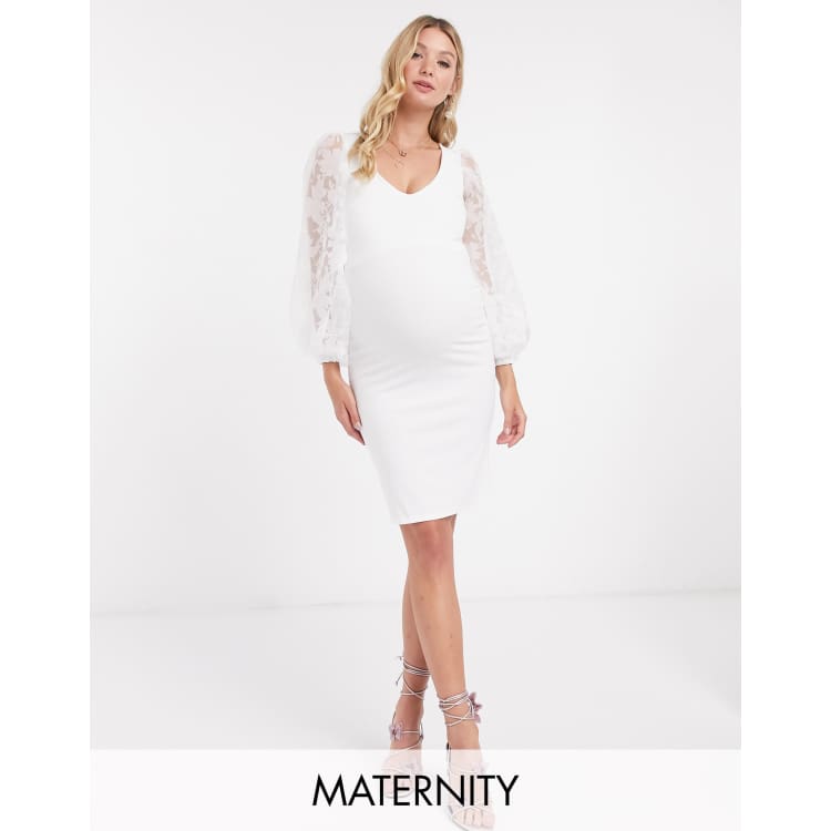 Queen Bee Maternity Bodycon Kleid mit Organza Puffarmeln in WeiB ASOS