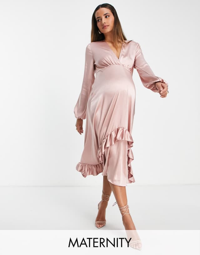 Queen Bee maternity deep plunge satin dress in coral pink