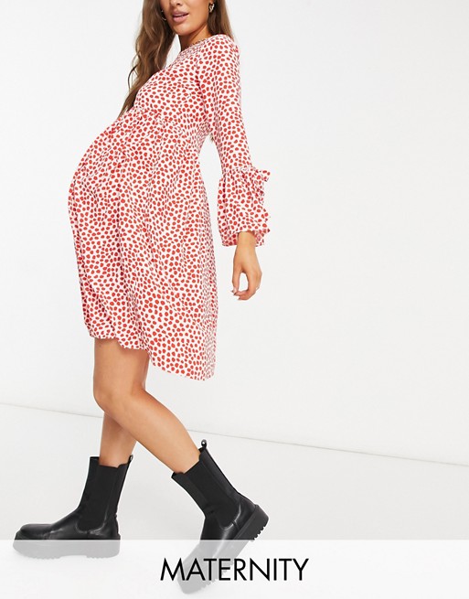 Queen Bee Maternity frill sleeve mini dress in red spotted print