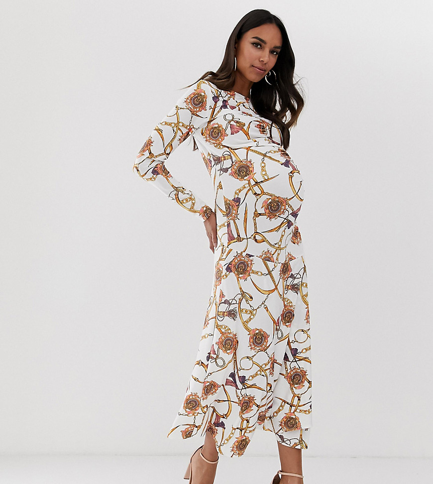 Queen Bee Maternity long sleeve ruched midaxi dress in white vintage chain print-Yellow