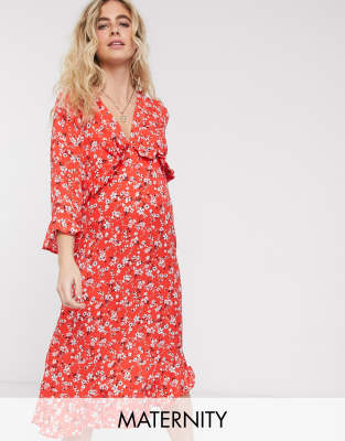 Queen Bee Maternity Long Sleeve Shirred Bust Midi Dress In Red Floral Print-multi