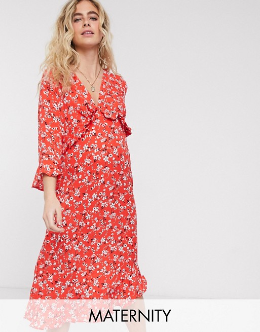 Queen Bee Maternity long sleeve shirred bust midi dress in red floral print