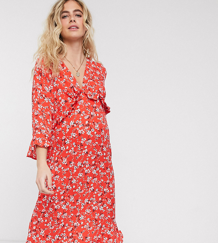 Queen Bee Maternity long sleeve shirred bust midi dress in red floral print-Multi