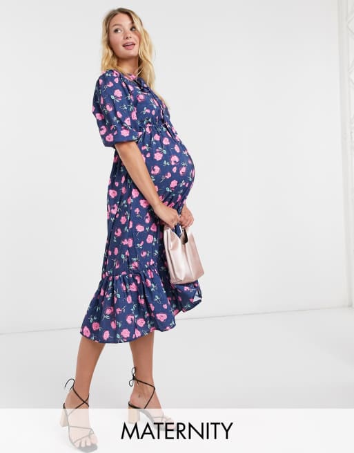 Queen Bee Maternity Midaxikleid mit Schnurdetail in Blau mit Blumendruck ASOS