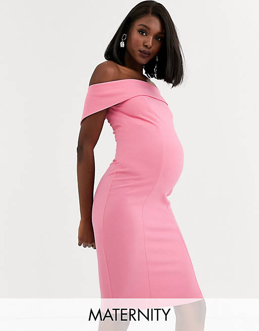 Queen Bee Maternity off shoulder layered midi dress in pink | ASOS