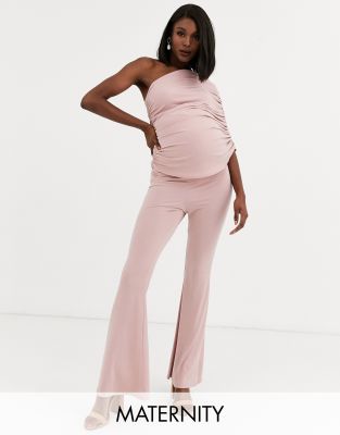 Queen Bee Maternity one shoulder ruched jumpsuit in pink - Queen Bee ...