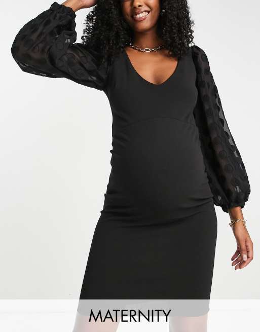 Queen Bee Maternity plunge front midi dress with organza sleeve in black