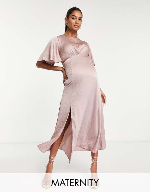 Queen Bee Maternity satin midi dress with angel sleeve in lavender