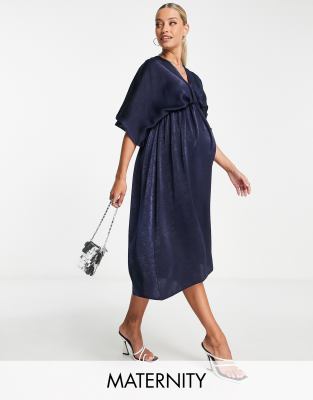 Queen Bee Maternity Satin Midi Dress With Kimono Sleeve In Navy