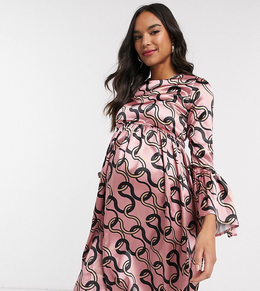 Queen Bee Maternity skater dress with fluted sleeve in pink chain print-Multi