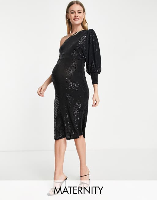 Queen Bee Maternity - Sort oneshoulder-midikjole med glimmer 