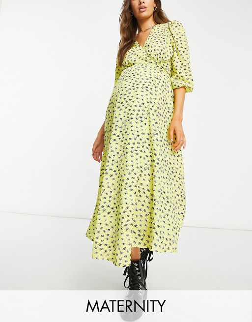 Queen Bee Maternity V neck maxi dress in yellow print