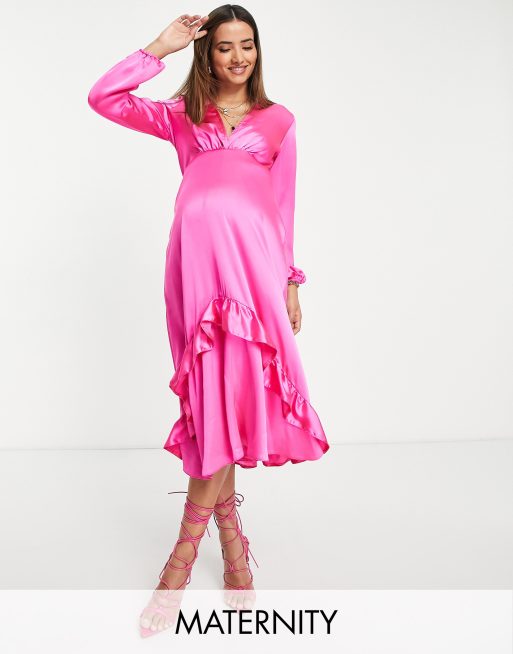 Queen Bee Maternity - Vestito in raso rosa con scollo profondo