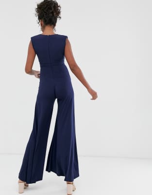 navy blue wide leg jumpsuit