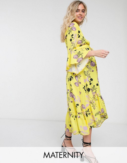Queen Bee Maternity wrap front fluted sleeve midi dress in contrast floral