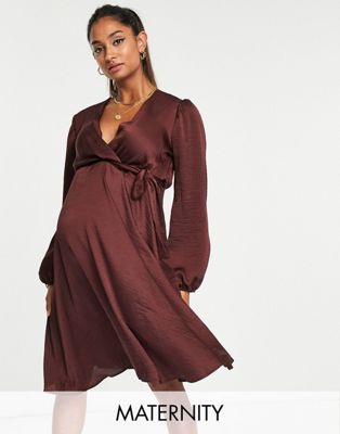 Queen Bee Maternity wrap front mini satin dress in brown