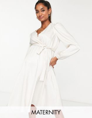 Queen Bee Maternity wrap front mini satin dress in stone