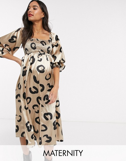 Queen Bee Maternity off shoulder bell sleeve shirred bust midi dress in squiggle heart print