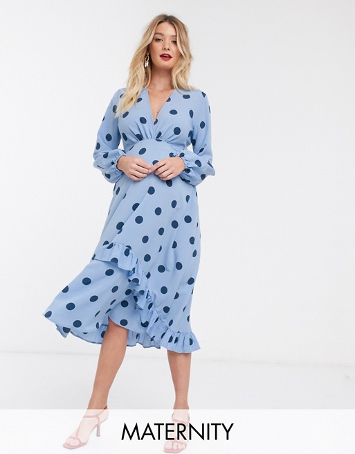 Queen Bee Maternity plunge front frill detail trapeze maxi dress in blue polka print