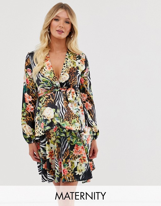 Queen Bee Maternity plunge front skater dress in tropical print