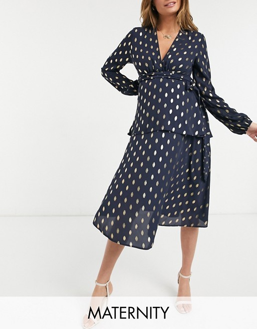 Queen Bee plunge front tiered midi dress with belt detail in navy fleck print