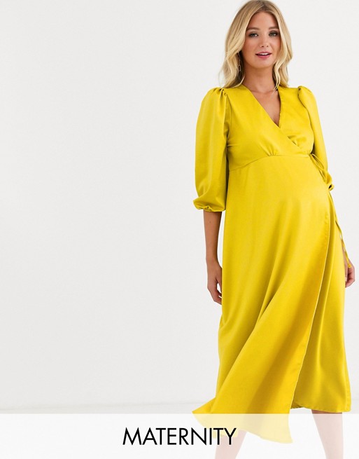 Queen Bee Maternity satin wrap front bell sleeve midi dress in gold