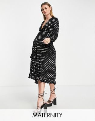 Queen Bee Maternity wrap midi dress in black polka