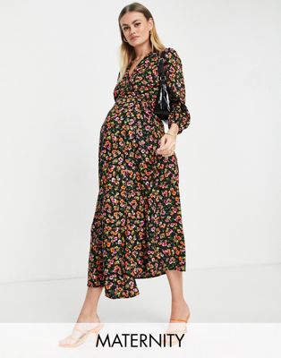 Queen Bee Maternity wrap midi dress in ditsy dark floral