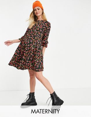Queen Been Maternity satin smock dress with frill detail in ditsy dark floral