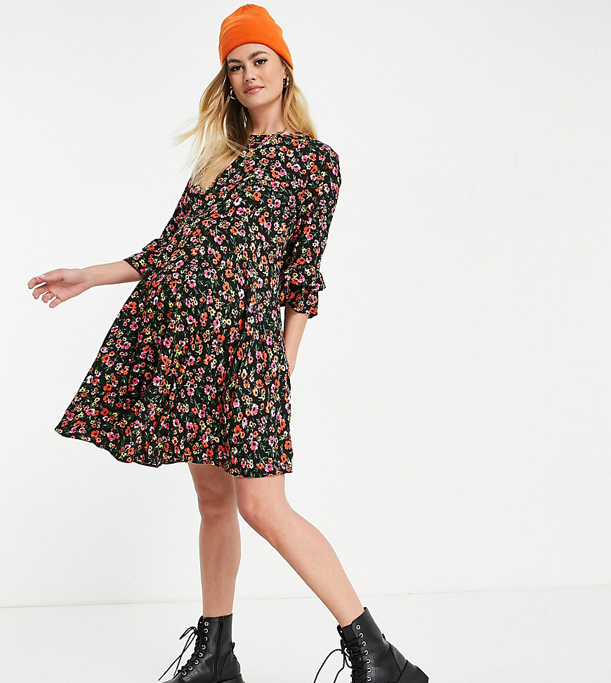 Queen Been Maternity satin smock dress with frill detail in ditsy dark floral-Multi
