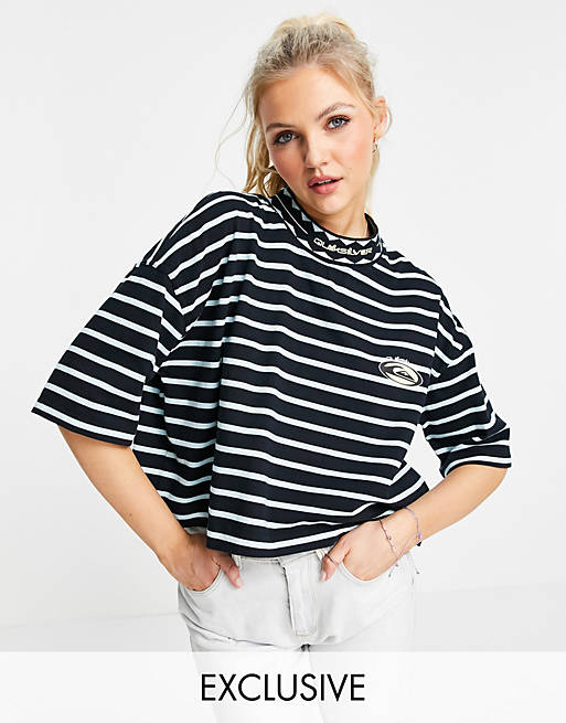 Quiksilver 90 cropped striped t-shirt in black Exclusive at ASOS