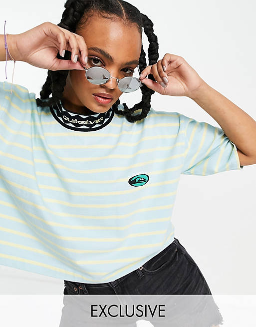 Quiksilver 90 cropped striped t-shirt in yellow Exclusive at ASOS