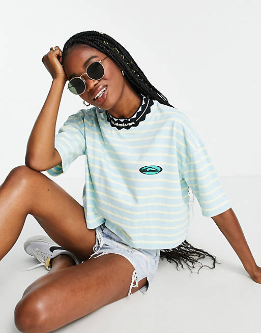 Quiksilver 90s striped cropped t-shirt in blue Exclusive at ASOS