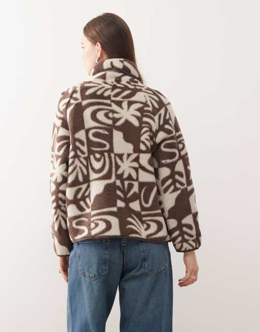 Quiksilver Chalok sherpa buttoned polar fleece jacket in chocolate brown chalok checker, 4 of 4