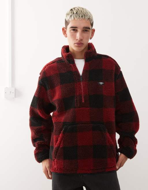 Quiksilver – Mercury Woodlands – Karierte Jacke aus Sherpa-Fleece in Woodlands Biking Red mit kurzem Reißverschluss